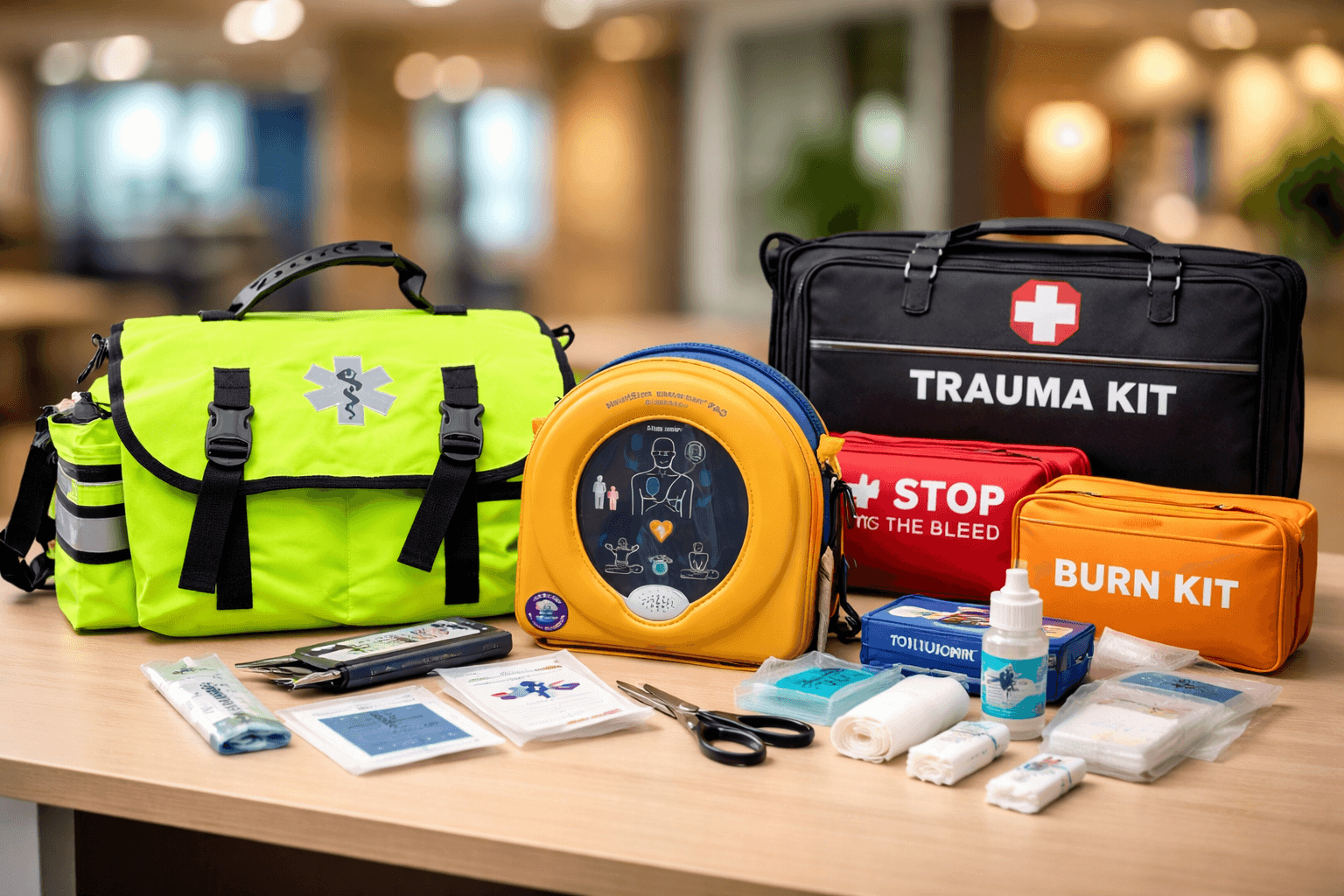 First aid kits, Stop the Bleed kits, and trauma kits displayed